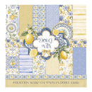 A square paper scrapbook pattern sheet featuring a lemon and blue floral design. The sheet displays multiple patterned panels in blue, yellow, and white, including gingham, stripes, and floral motifs, with a central decorative label reading 'DOLCE VIDA' surrounded by lemons and flowers.