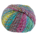 A ball of variegated yarn with blended pastel colors including pink, blue, green, yellow, and gray on a plain white background.