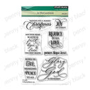 Penny Black 'Be lifted sentiment' clear stamp set, featuring multiple holiday-themed and inspirational quote stamps on a white background with a green and beige header card.
