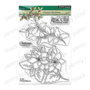 Penny Black 'Crimson Christmas' clear stamp set featuring two designs: a holly and berry branch with pinecones, and poinsettia flowers, shown on a white background with a green header card.