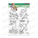 Penny Black 'Joyful Fall' clear stamp set sheet, featuring four black and white line-art illustrations of children playing outdoors with autumn elements like leaves, a rake, and a broom, on a white background with a green header.