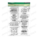 Penny Black 'more brightly sentiment' clear set with multiple transparent stamp pieces featuring Christmas-themed phrases on a white background.