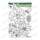 Penny Black 'poinsettia wishes' clear set metal die-cut stickers on a white backing card, featuring floral designs and holiday phrases.