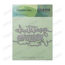 Penny Black Creative Dies 100% Steel Cutting Die package featuring the script and block lettering dies on a light green card with a darker green header.