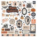 Collection of Halloween-themed stickers with various designs and text on a white background.