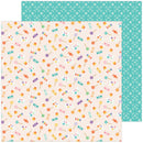 Two square patterned paper sheets overlapping on a white background. The front sheet has a light peach background with a dense scattered print of small colorful lollipops, flowers, and stars.