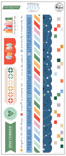 Collection of decorative paper strips with various designs and text on a white background