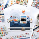 Scrapbooking layout with cut-out letters, stickers, and a photo of a couple on a white surface.