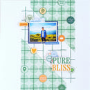 Scrapbook page with a photo of a person in nature, text, and decorative elements on a green grid background.