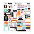 A sheet of scrapbook stickers featuring Halloween-themed designs, including pumpkins, ghosts, haunted houses, bats, candy corn, and seasonal text labels in a colorful pastel and black palette.