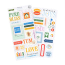 Two sheets of decorative planner stickers with colorful text and icons, including phrases like 'PURE BLISS', 'SO VERY HAPPY', 'LOVE happiness', and 'moments + memories', shown on a white background.