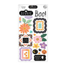 A sheet of craft stickers from Boville's 'Haunted House' collection, featuring Halloween-themed designs including orange and pink flowers, black and white patterned frames, a spider, pumpkins, candy corn, and spooky text stickers on a white background.