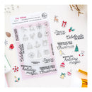 A sheet of clear stamp designs from Tiny Tidings 'The Santa's Small' collection, displayed on a white background with various festive illustrations and craft tools.
