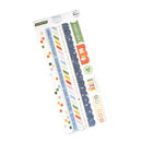 A package of scrapbooking washi tapes from Paper Peasies, featuring various colorful striped, dotted, and scalloped designs on a white backing card.