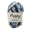Blue and white striped yarn ball with 'Poppy Crafts' label on a white background
