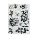 Clear stamp sheet with black floral and text designs on a white background