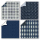Four square fabric or paper swatches arranged in a 2x2 grid, each showing a navy-and-white pattern: small repeating motifs, scattered dots, plaid, and a plaid corner with a white reverse side.