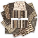 A fanned-out display of patterned paper sheets in a coordinated autumn palette, with a white label in the center reading 'Sail Brown' and 'Double cut paper.' The patterns include plaid, florals, stripes, chevrons, and geometric motifs in brown, beige, cream, and black tones.