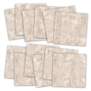 Ten square textured paper sheets in a warm beige and cream color, arranged in two overlapping stacks on a white background.