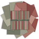 A set of patterned paper sheets fanned out in a circular arrangement, featuring holiday plaid and gingham designs in muted red, dusty rose, sage green, and cream tones. A dark green band with gold text runs across the center, identifying the collection as 'Christmas Mail'.