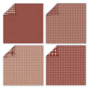 Four square fabric or paper swatches arranged in a 2x2 grid, each showing a red and beige gingham plaid pattern with one corner folded over to reveal the reverse side.