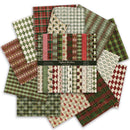 A flat-lay arrangement of multiple patterned paper sheets from Paper Aida's 'Folklore Christmas' collection, featuring festive designs like plaid, argyle, snowflakes, and holly patterns in green, red, beige, and brown tones.