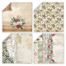 Four square Christmas-themed patterned sheets or cards arranged in a 2x2 grid on a white background. The designs include floral holly and poinsettia patterns, rustic wood textures, vintage paper textures, and holiday greenery with red flowers and a small 'Merry Christmas' label.