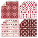 Four square sheets of patterned paper arranged in a 2x2 grid, each showing a different holiday design: red and white snowflakes, red and white trees and hearts, red reindeer on cream, and dark red and white snowflakes. The top-left and bottom-right sheets have folded corners revealing the backing.