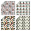 Four square fabric or paper pattern swatches arranged in a 2x2 grid, each showing a different holiday-themed print: vertical geometric stripes, woodland animals and foliage, deer and trees, and repeating tree motifs.