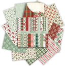 A stack of Christmas-themed patterned paper sheets fanned out against a white background, showing various holiday designs like plaid, gingham, snowflakes, ornaments, and berries in green, red, white, and beige tones. A paper band in the center reads 'Christmas Day' and '12 Designs'.