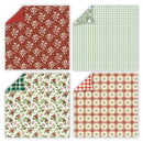 Four square sheets of patterned paper arranged in a 2x2 grid on a white background. The top-left sheet is rust red with white floral motifs and a folded corner showing a red reverse.