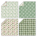 Four sheets of patterned paper arranged in a 2x2 grid, each showing a different holiday-themed print: Christmas trees, white floral motifs on sage green, gingerbread houses with candy canes and ornaments, and green plaid squares with small gingerbread figures. The top-left and bottom-left sheets show folded corners revealing the white reverse side.