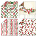 Four sheets of holiday-themed patterned paper arranged in a 2x2 grid. The top-left sheet has a repeating ornament pattern in red, green, and beige.