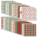 A set of Christmas-themed patterned paper sheets arranged in overlapping fanned stacks, showing various holiday designs including plaid, green trees, stockings, ornaments, and festive borders on a white background.