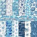 A collage showing 12 different blue and white seamless ocean-themed patterns, including waves, shells, starfish, fish, and octopus designs. A banner across the middle reads '30x30cm 24 Sheets'.