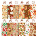 A set of two sheets of patterned baby photo backdrops featuring festive Christmas and gingerbread designs. The top sheet displays patterns of gingerbread cookies, stars, hearts, and smiling gingerbread men on warm brown and beige backgrounds.
