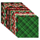 A stack of square fabric or paper sheets fanned out on a white background, each showing a different holiday plaid and tartan pattern in green, red, black, and beige.