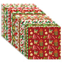 A set of Christmas-themed wrapping paper sheets fanned out on a white background, featuring festive patterns like candy canes, ornaments, stockings, and reindeer.