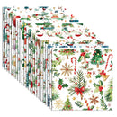 A set of Christmas-themed gift bags fanned out on a white background, featuring a festive watercolor pattern with candy canes, holly, pine trees, snowflakes, and red bows.