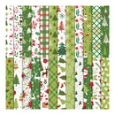 A set of twelve vertical Christmas-themed patterned paper strips in various green, red, and white designs, including trees, plaid, snowman, Santa Claus, and holly motifs.