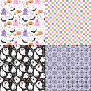 Four Halloween-themed pattern swatches arranged in a 2x2 grid: a white background with pumpkins, ghosts, bats, and stars; a pastel multicolor checkerboard; a black background with white ghosts and 'boo' text; and a pale lavender background with spiderwebs and small black spiders.