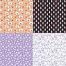 Four Halloween-themed pattern swatches arranged in a 2x2 grid: orange with jack-o'-lantern faces, black with candy corn, lavender with stars, and white with ghosts.
