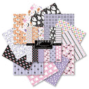 A 12-piece scrapbook paper set with various Halloween-themed patterns, including ghosts, pumpkins, spiders, bats, and checkered designs in pastel colors, arranged in a fan shape on a white background.