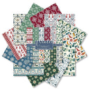 A set of layered paper sheets featuring various winter-themed patterns including snowflakes, snowdrops, Christmas trees, reindeer, and festive holiday motifs in red, green, blue, and cream, with a central label reading 'Winter' and 'Cozy Patterns & Papers'.