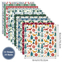 Set of Christmas-themed paper sheets with various patterns and dimensions displayed.