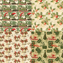 Four Christmas-themed patterned fabric or paper swatches arranged in a 2x2 grid. The designs include Santa Claus and trains, holly and berries, bells and bows, and Christmas trees and postmarks on a warm cream background.