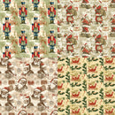 Four Christmas-themed fabric or wallpaper pattern swatches arranged in a 2x2 grid: nutcracker motifs on a pale green background, Santa figures on a beige collage background, Santa portraits on a beige background, and red sleighs with green holly on a cream background.
