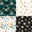 A 2x2 collage showing four Christmas-themed pattern designs: dark teal and gold snowy trees, white and gold hanging ornaments, white and gold pine trees, and a black background with gold and white snowflakes and stars.