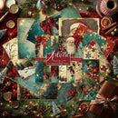 Scrapbooking paper sheets with Christmas theme surrounded by festive decorations.