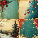 Vintage-style Christmas-themed collage with winter landscape, lights, and snowflakes.